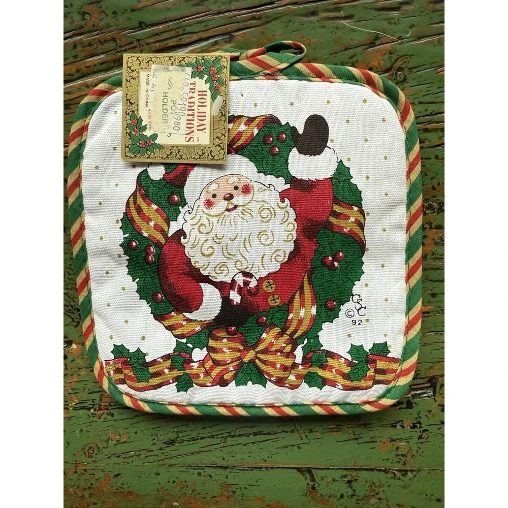 Vintage Christmas Pot Holders Set Of 2 With Santa Clause Striped New‎